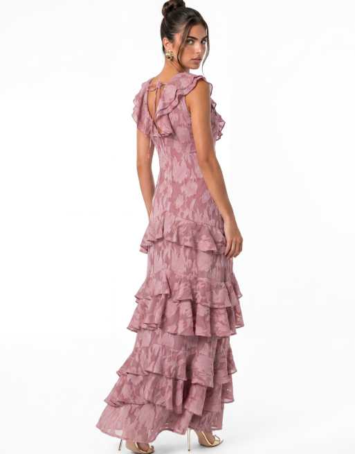 Anaya Flutter sleeve v neck tiered maxi dress in twilight mauve, 2 of 7