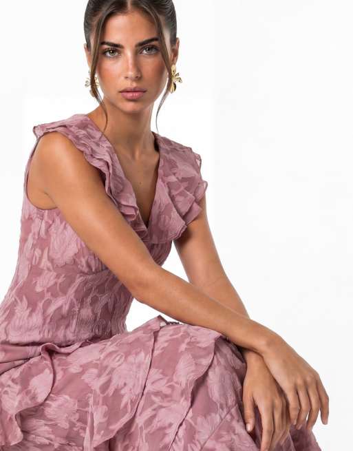 Anaya Flutter sleeve v neck tiered maxi dress in twilight mauve, 3 of 7