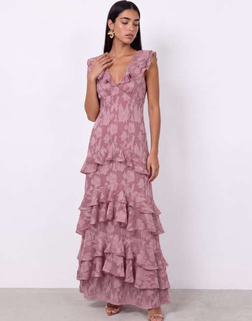 Anaya Flutter sleeve v neck tiered maxi dress in twilight mauve, 6 of 7