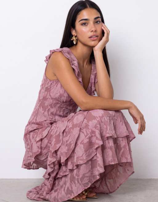 Anaya Flutter sleeve v neck tiered maxi dress in twilight mauve, 7 of 7