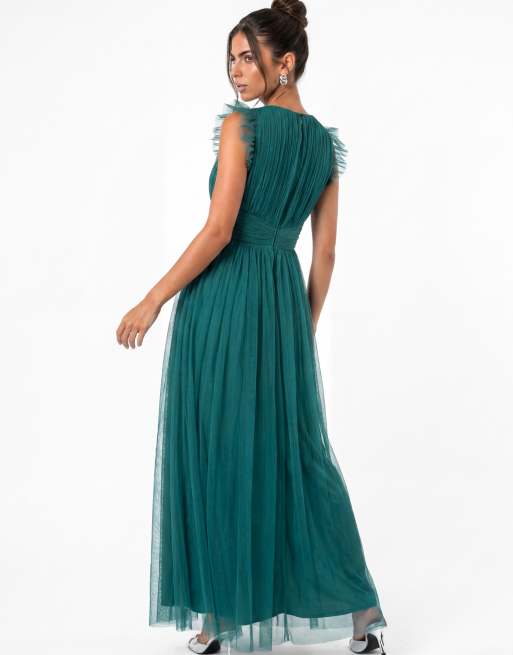 Anaya Flutter sleeve v neck tulle maxi dress in teal, 2 of 7