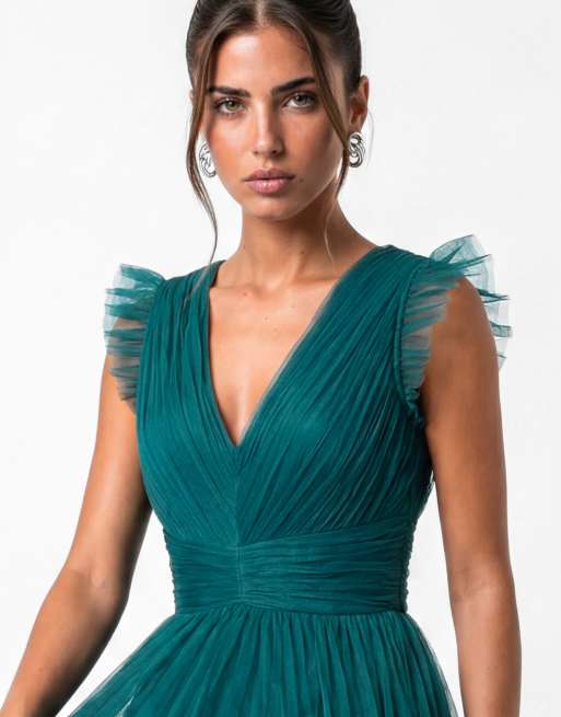 Anaya Flutter sleeve v neck tulle maxi dress in teal, 3 of 7