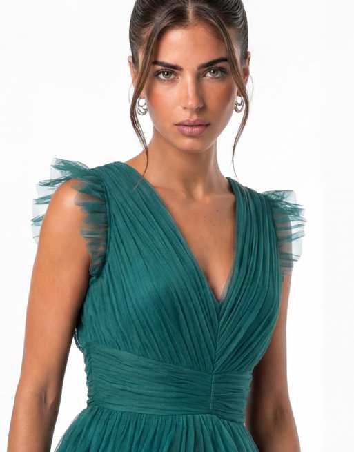 Anaya Flutter sleeve v neck tulle maxi dress in teal, 4 of 7