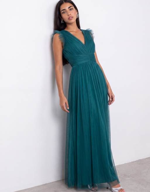 Anaya Flutter sleeve v neck tulle maxi dress in teal, 6 of 7