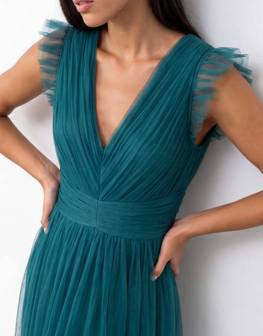 Anaya Flutter sleeve v neck tulle maxi dress in teal, 7 of 7