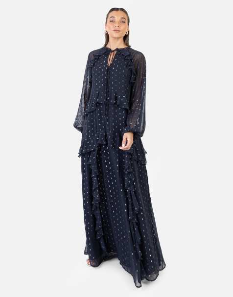 Anaya Foil chiffon long sleeve high neck ruffled maxi dress in navy - view 1