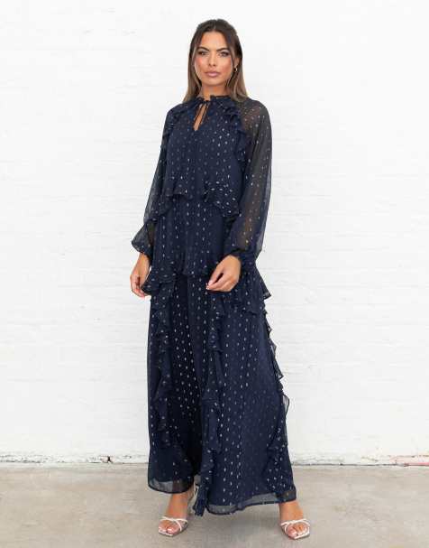 Anaya Foil chiffon long sleeve high neck ruffled maxi dress in navy