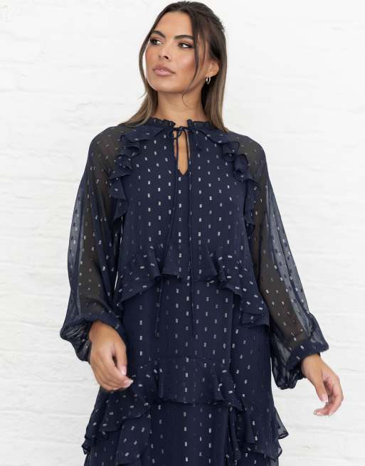 Anaya Foil chiffon long sleeve high neck ruffled maxi dress in navy, 2 of 4