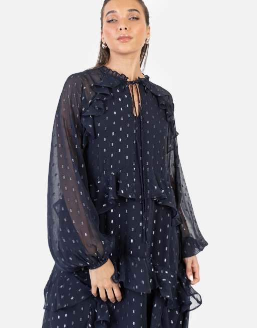 Anaya Foil chiffon long sleeve high neck ruffled maxi dress in navy, 3 of 4