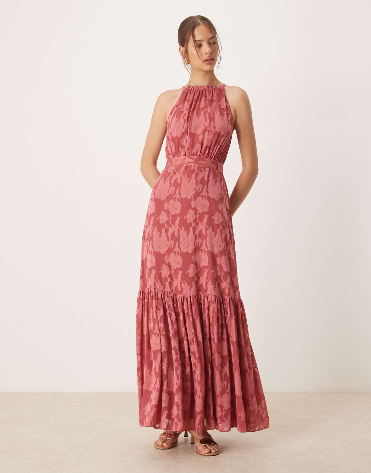 Anaya Frill halter neck maxi dress in garnet rose