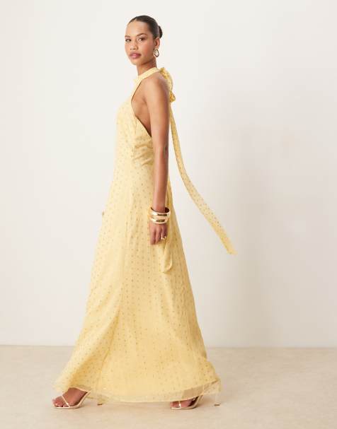 Anaya Gold foil halter neck maxi dress in butter yellow - view 1