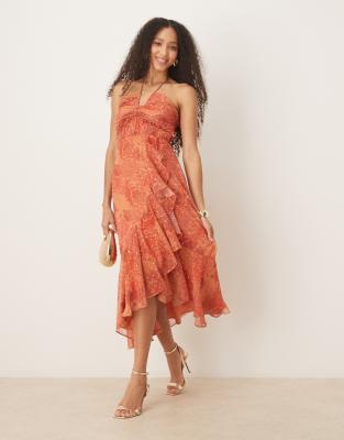 Anaya Halter neck floral print midaxi dress in orange