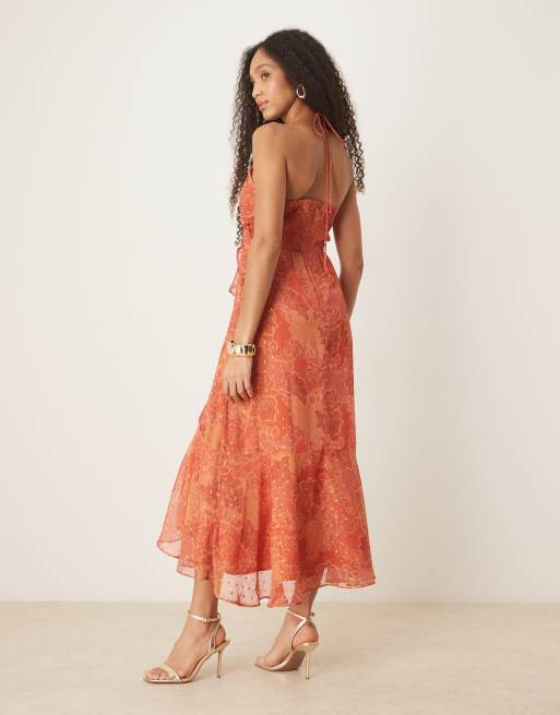 Anaya Halter neck floral print midaxi dress in orange, 3 of 4