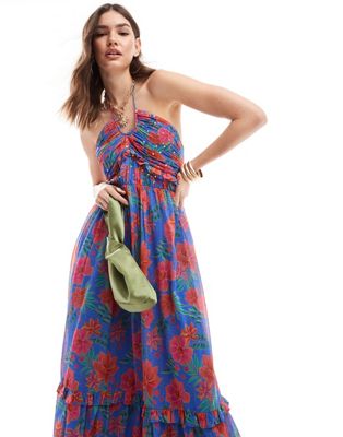 halter neck ruffle midaxi dress in tropical floral-Blue