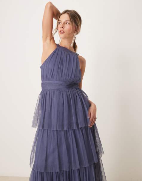 Anaya Halter neck tiered maxi bridesmaid dress in indigo blue - view 1