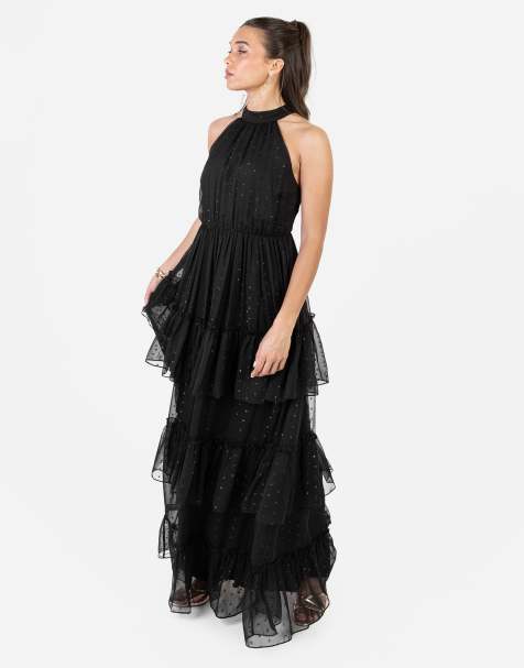 Anaya Halter neck tiered maxi dress in black