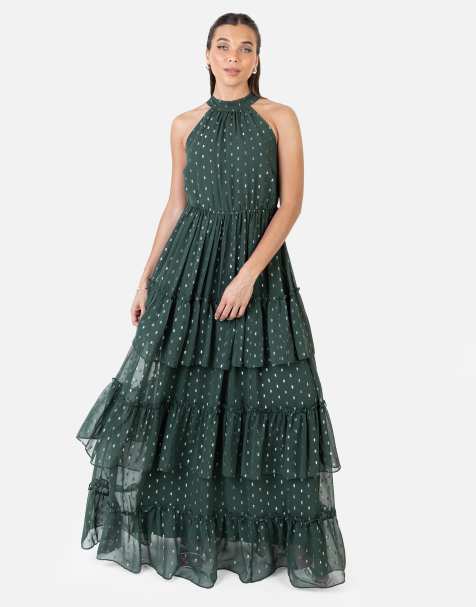 Anaya Halter neck tiered maxi dress in dark green - view 1