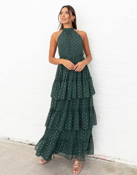 Anaya Halter neck tiered maxi dress in dark green