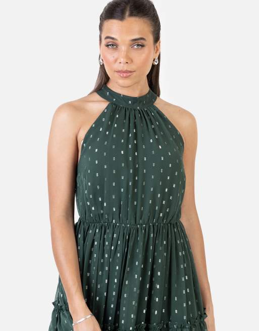 Anaya Halter neck tiered maxi dress in dark green, 3 of 4