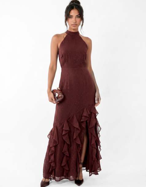 Anaya Halter neck waterfall ruffle maxi dress in chocolate truffle - view 1