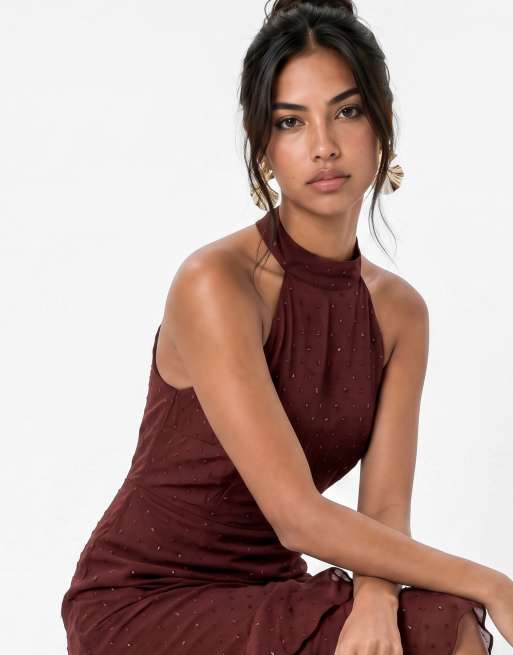 Anaya Halter neck waterfall ruffle maxi dress in chocolate truffle, 3 of 4