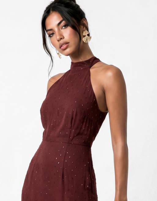 Anaya Halter neck waterfall ruffle maxi dress in chocolate truffle, 4 of 4