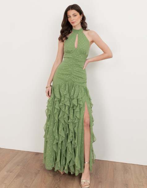 Anaya Halter neck waterfall ruffle maxi dress in green tea - view 1