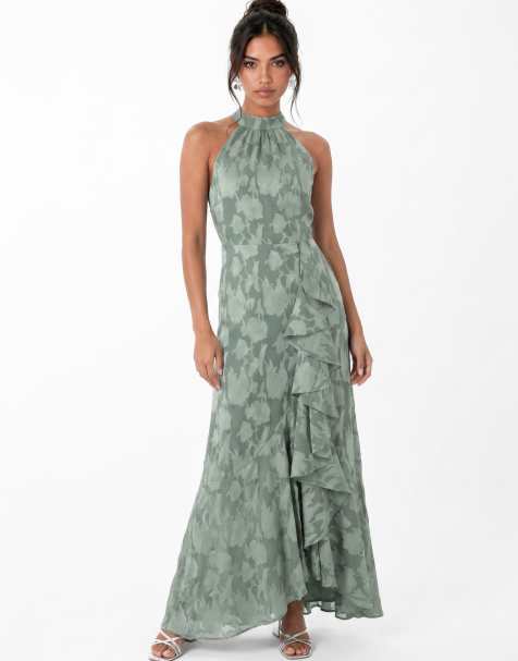 Anaya Halter neck waterfall ruffle maxi dress in willow green - view 1