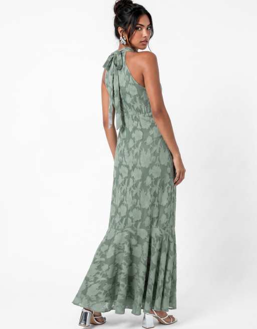 Anaya Halter neck waterfall ruffle maxi dress in willow green, 2 of 6