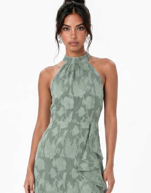 Anaya Halter neck waterfall ruffle maxi dress in willow green, 3 of 6