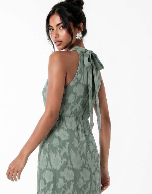 Anaya Halter neck waterfall ruffle maxi dress in willow green, 4 of 6