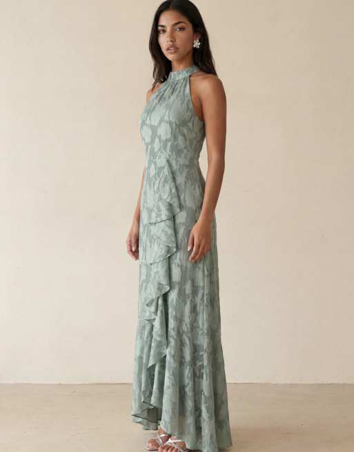 Anaya Halter neck waterfall ruffle maxi dress in willow green, 5 of 6