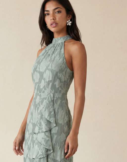 Anaya Halter neck waterfall ruffle maxi dress in willow green, 6 of 6