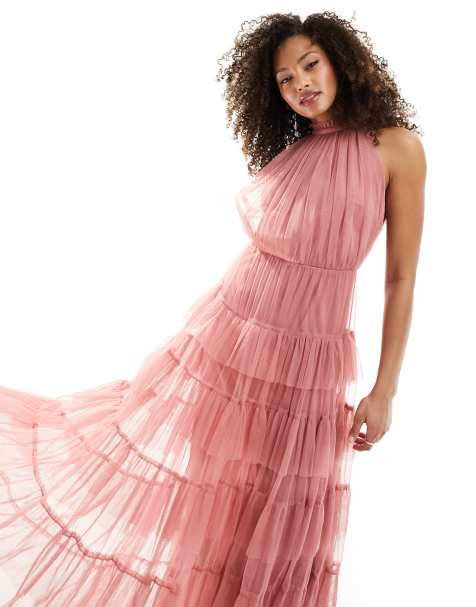 Anaya halterneck tulle maxi dress in dusty pink - view 1