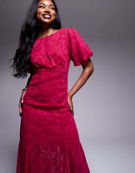 Anaya Jaquard Puff Sleeve Cut Out Back Maxi Dress in Pink - view 1