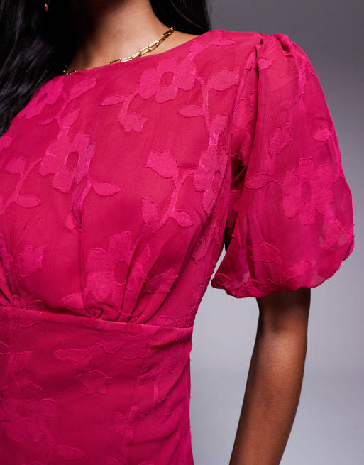 Anaya Jaquard Puff Sleeve Cut Out Back Maxi Dress in Pink, 3 of 4