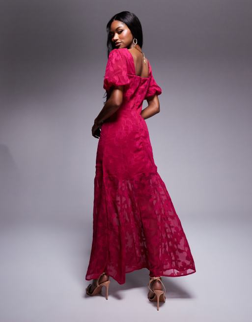 Anaya Jaquard Puff Sleeve Cut Out Back Maxi Dress in Pink, 4 of 4