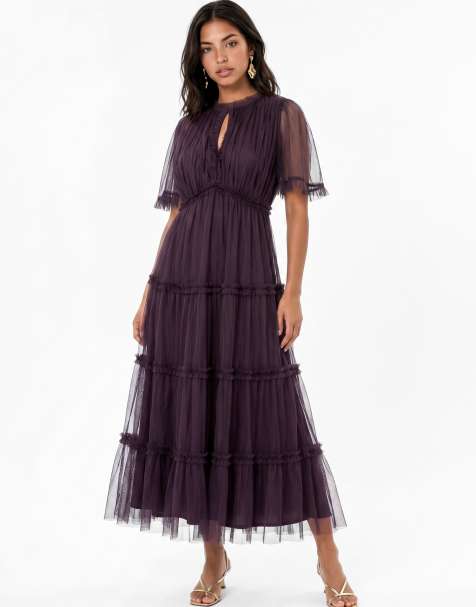 Anaya Keyhole detail short sleeve frill midaxi dress in fig - view 1