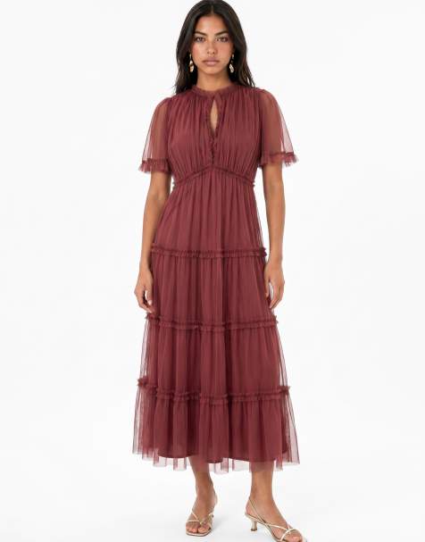 Anaya Keyhole detail short sleeve frill midaxi dress in rusted rose