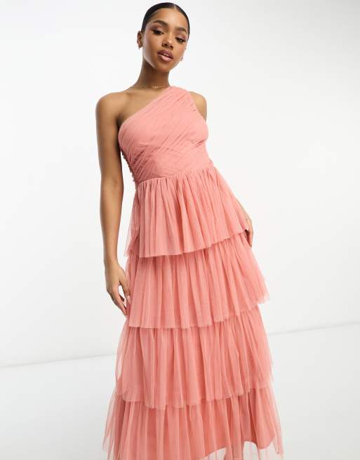 Anaya - Lagdelt midaxi-kjole med oneshoulder-snit i koralfarve, 4 af 4