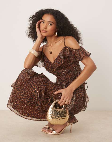 Anaya leopard print wrap cold shoulder top in brown - BROWN - view 1