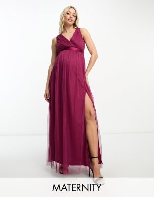 wrap front maxi tulle dress in red plum