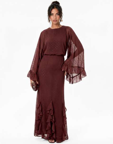 Anaya Meatllic thread oversized ruffle sleeve maxi dress in chocolate truffle - view 1