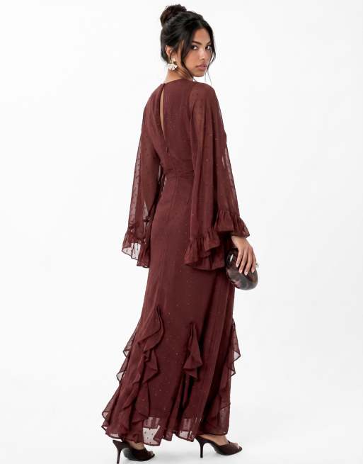 Anaya Meatllic thread oversized ruffle sleeve maxi dress in chocolate truffle, 2 of 4