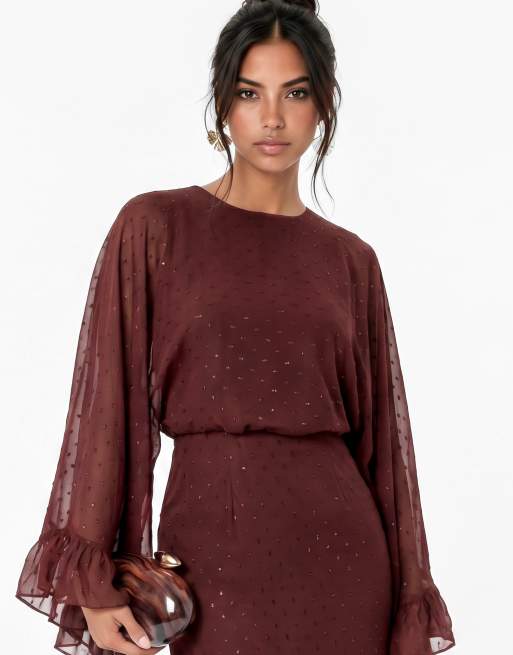 Anaya Meatllic thread oversized ruffle sleeve maxi dress in chocolate truffle, 3 of 4