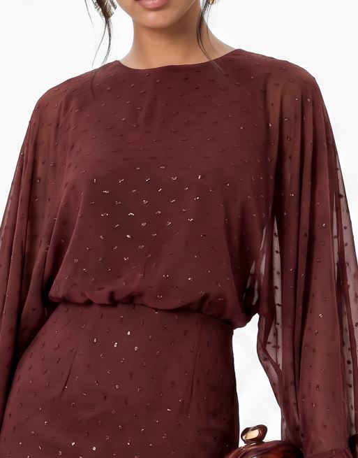 Anaya Meatllic thread oversized ruffle sleeve maxi dress in chocolate truffle, 4 of 4