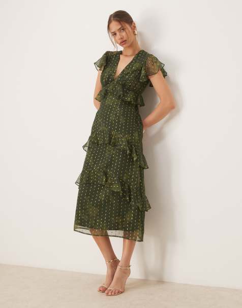 Anaya Metallic accent floral v neck midi dress in green - view 1
