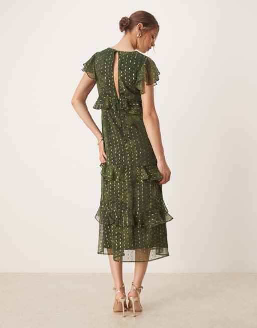 Anaya Metallic accent floral v neck midi dress in green, 2 of 4
