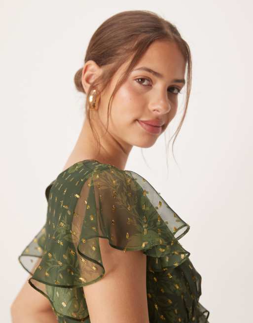 Anaya Metallic accent floral v neck midi dress in green, 3 of 4