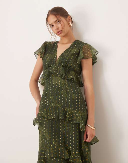 Anaya Metallic accent floral v neck midi dress in green, 4 of 4